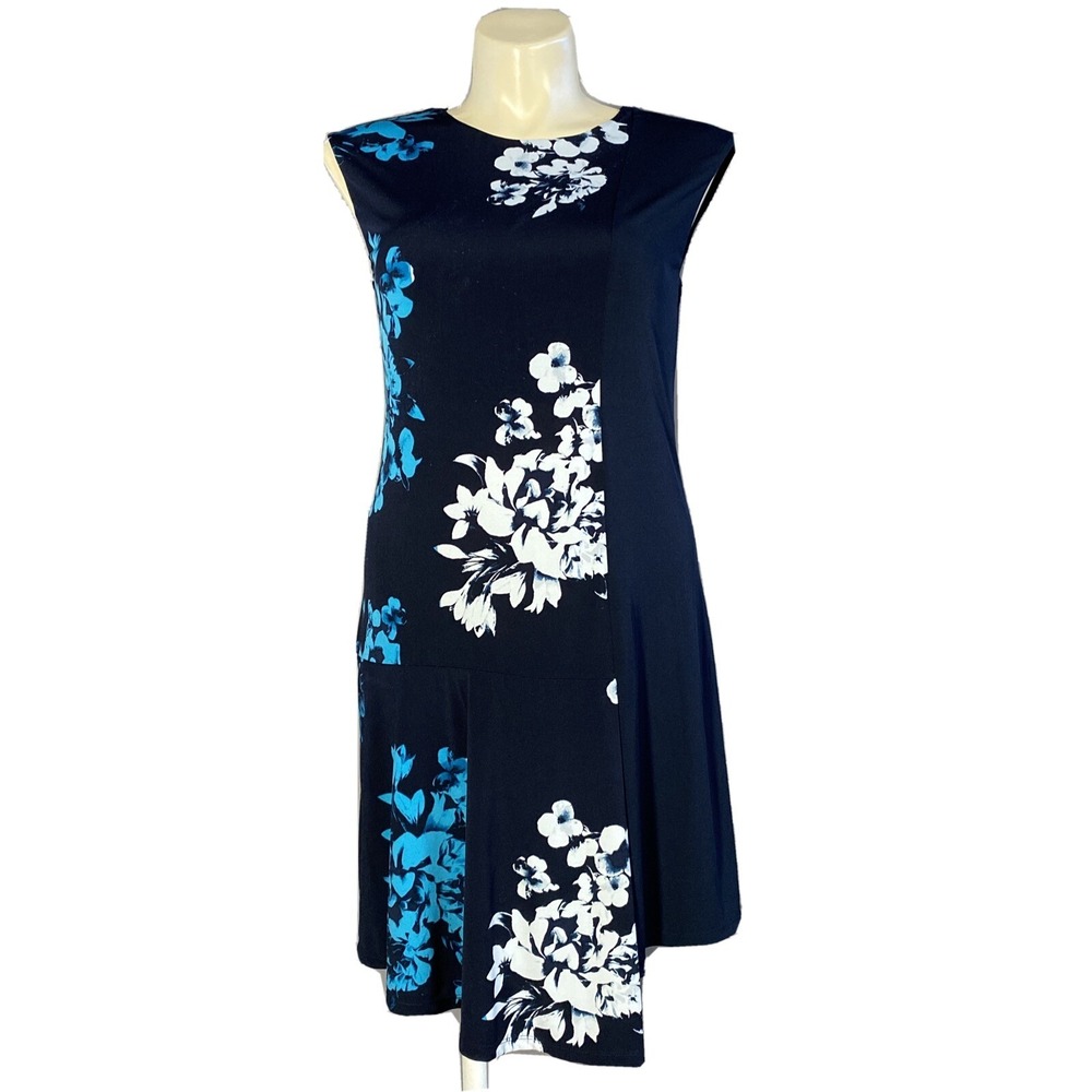 Ellen Tracy Dress LARGE Navy Blue White‎ Turquoise Floral Jersey Knit High Low